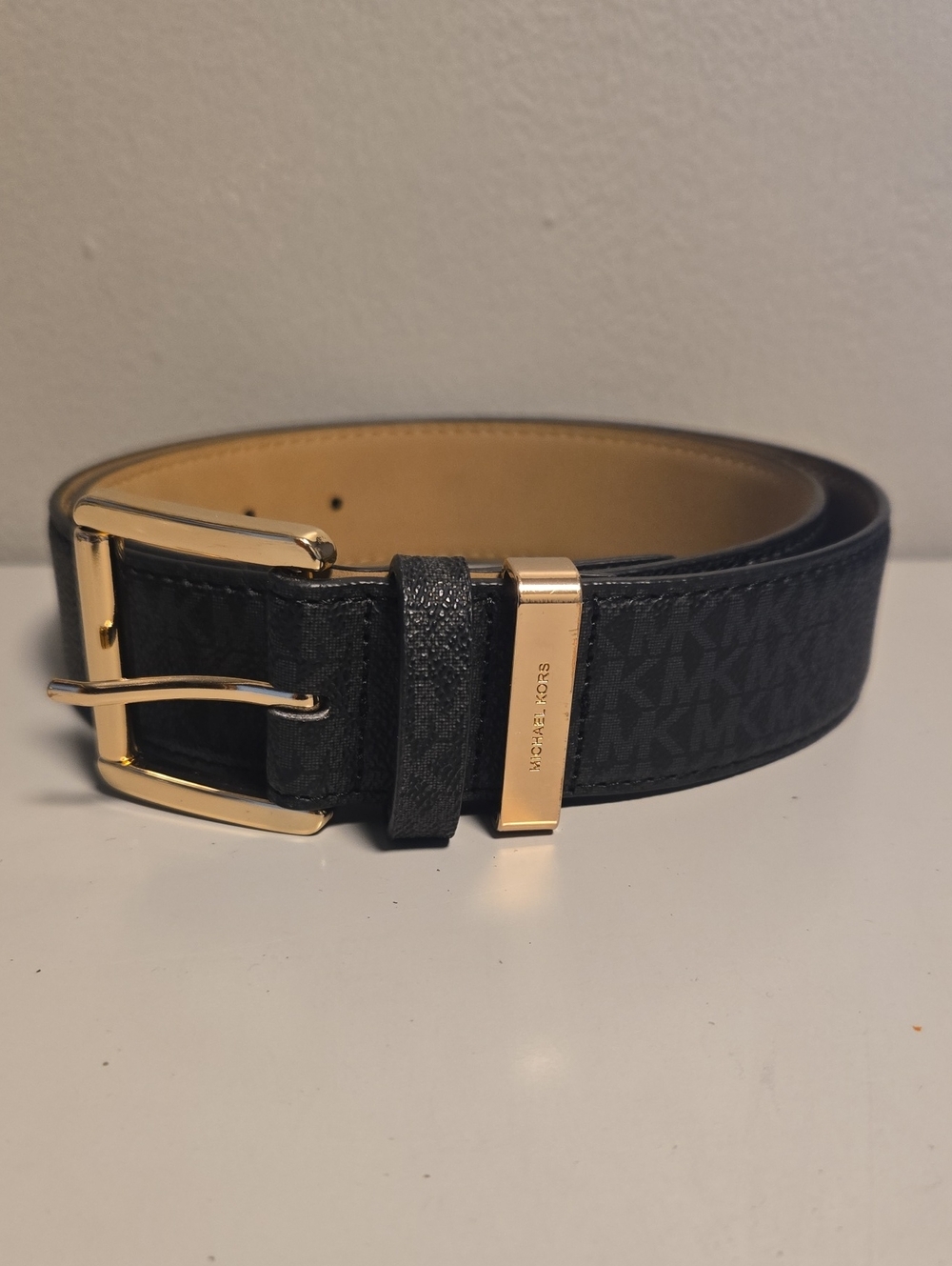 Michael Kors Black Logo Leather Belt with Gold Buckle